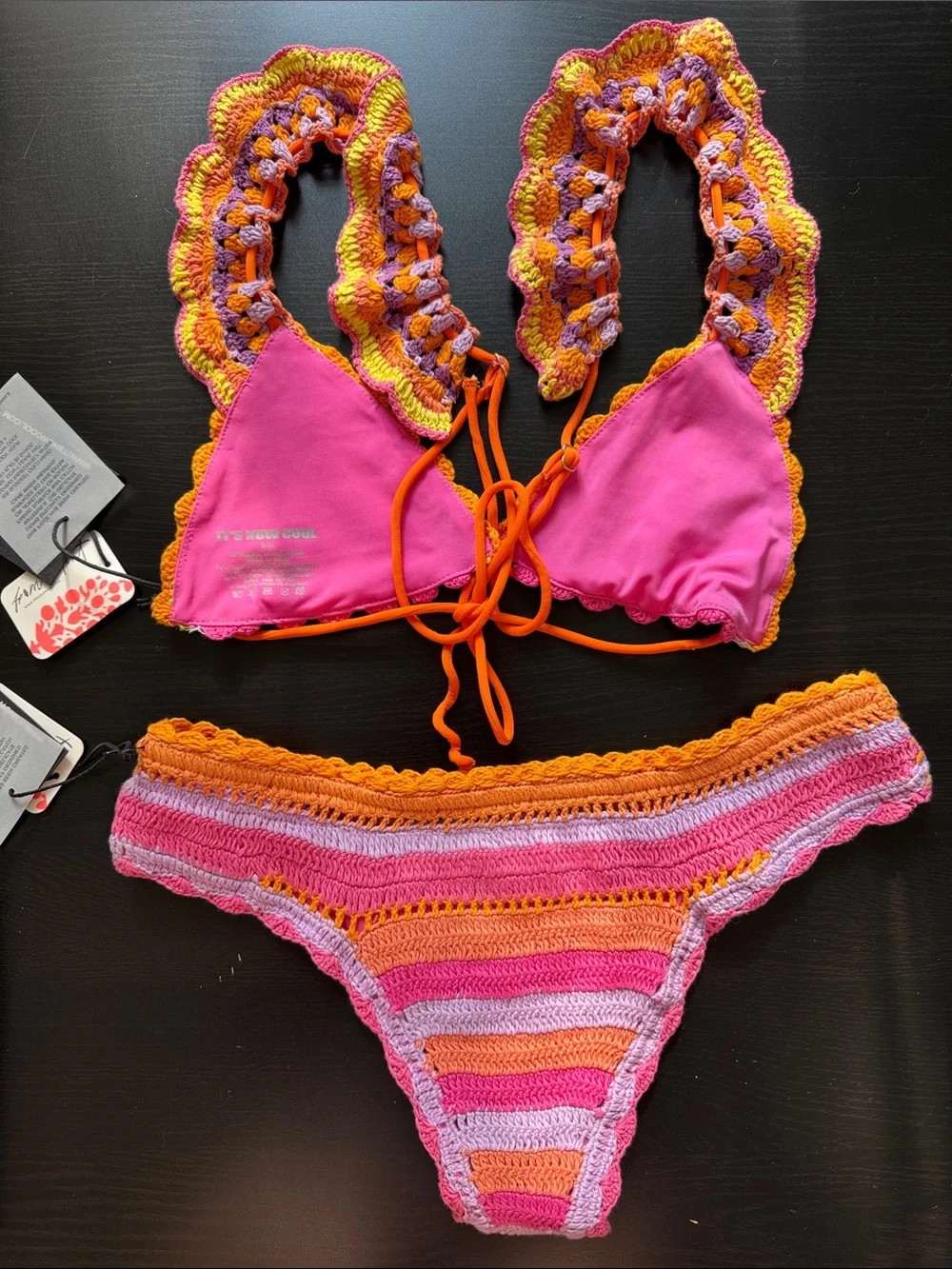 Free People It's Now Cool the Crochet Frill Pink Bikini Top & Bottom Size S/M